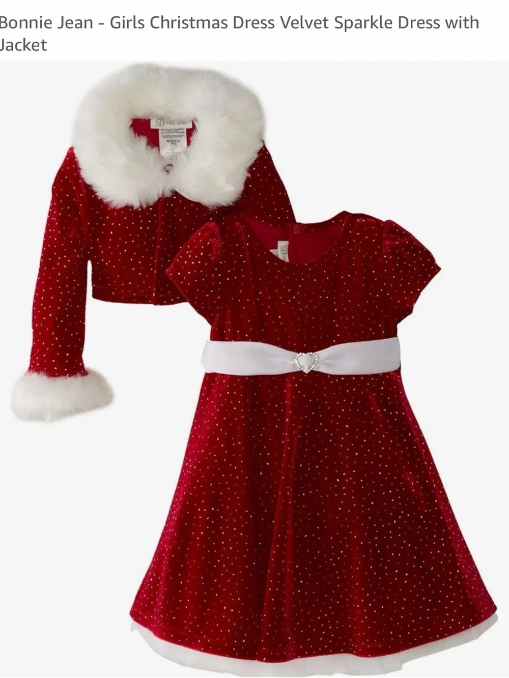Bonnie Jean Red Velvet Sparkle Dress with White Trim Jacket